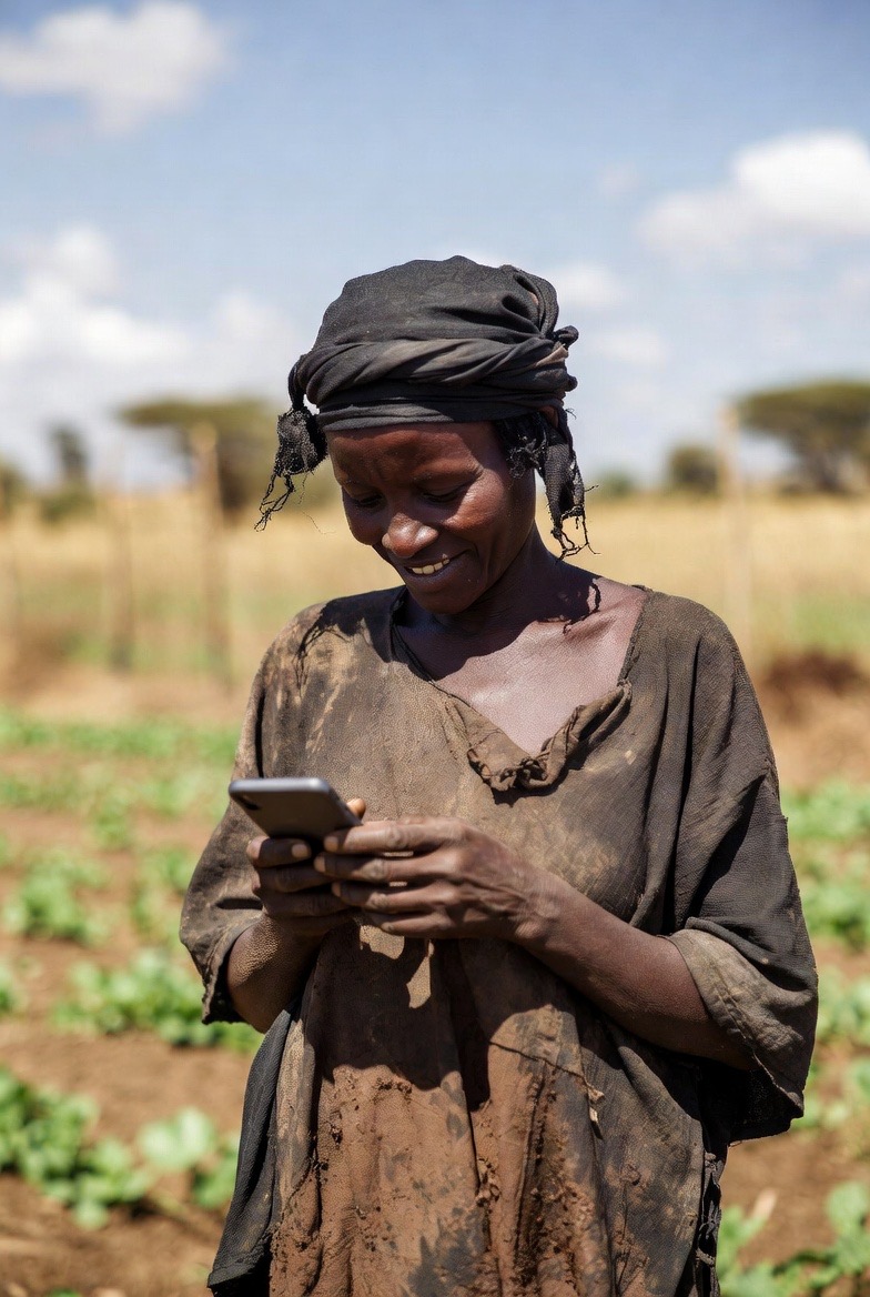 Tanzanian smallholder farmer using a mobile phone in her field